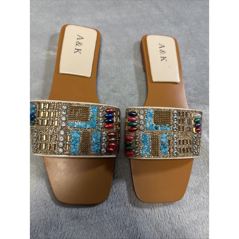 A&K Beaded Turquoise Gold Silver Red Sandal Sz 39